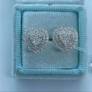 14K White Gold Plated Heart Cluster Stud Earrings NWT | Simulated Diamond